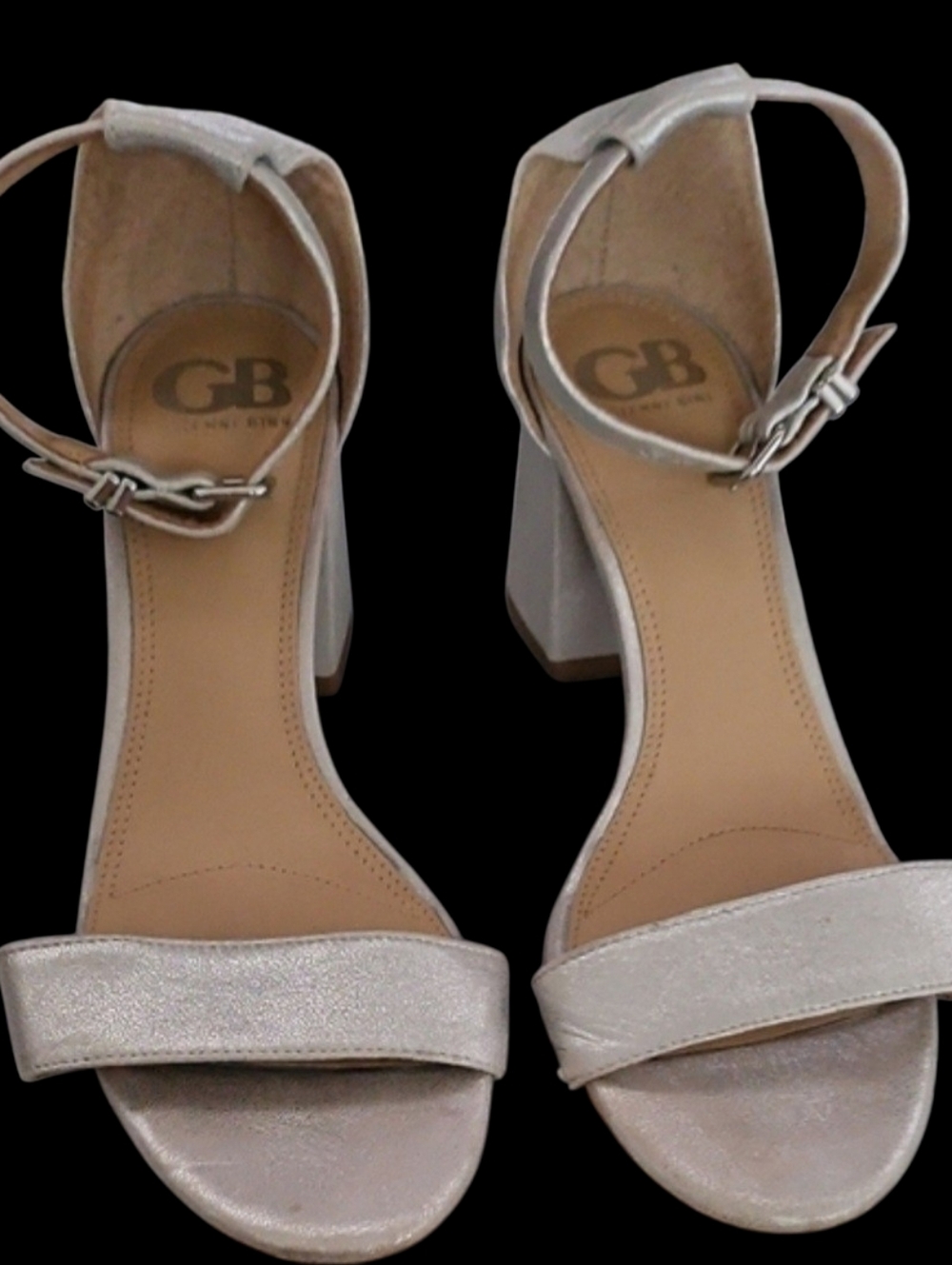 Gianni Bini Shimmery Silver Block Heel Ankle-Strap Sandals